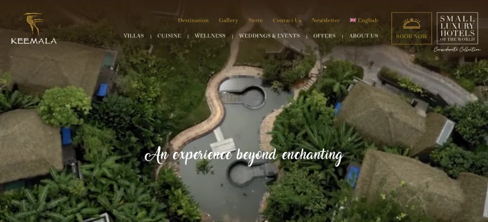 Aerial view of a luxury hotel with villas, pools, and lush greenery. Text reads, "Discover an experience beyond enchanting, where exceptional stays meet the best hotel website design.